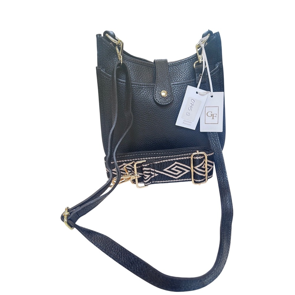 German Fuentes Black Pebbled Leather Crossbody Bag with Interchangeable Straps‎